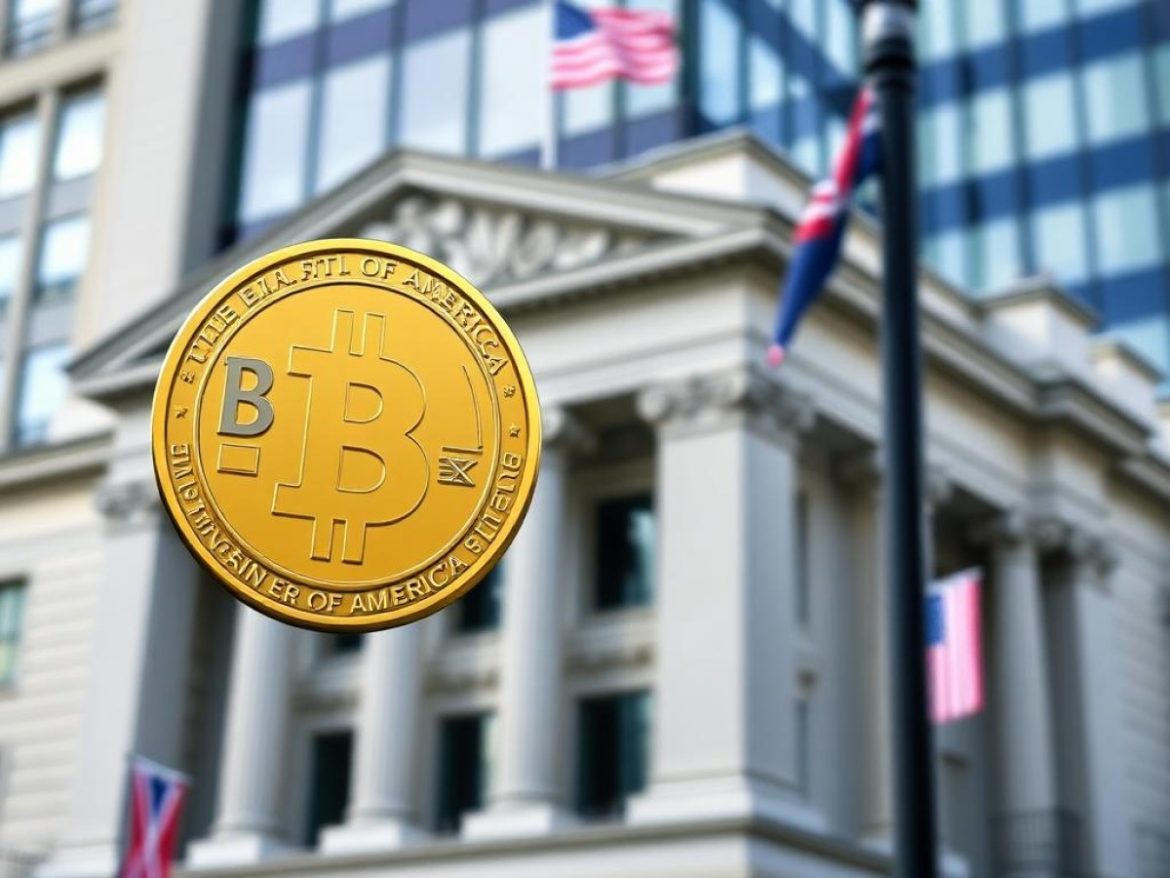 Une statue de la déesse Justice, yeux bandés, remplace sa balance par deux pièces géantes : l’une porte le logo Bank of America, l’autre un dollar numérique scintillant.