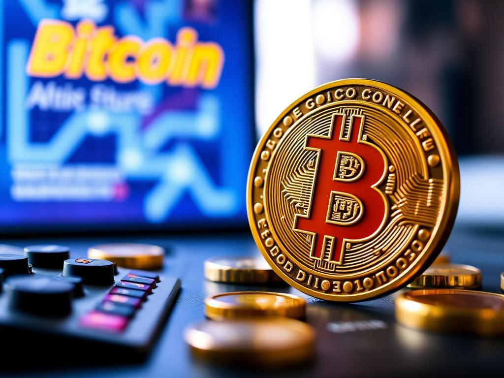 Un gamer casqué, assis sur un trône de pièces de Bitcoin qui s’envolent comme des confettis, tandis qu’un graphique vert file vers le ciel en arrière-plan