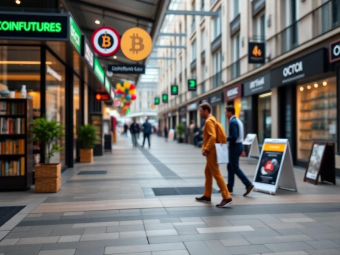 Un trader en combinaison spatiale surfe sur une vague de chandeliers japonais multicolores, la planète Terre en arrière-plan affiche le logo Coinfutures