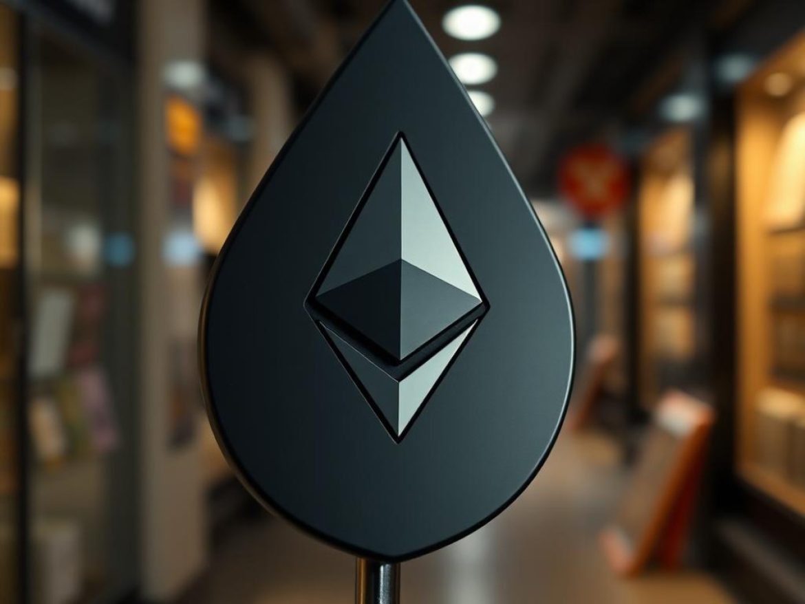 Une baleine bleue en cravate rouge surfe sur une gigantesque bougie verte Ethereum qui jaillit de l’océan, tandis qu’un crabe journaliste brandit un micro neutre.