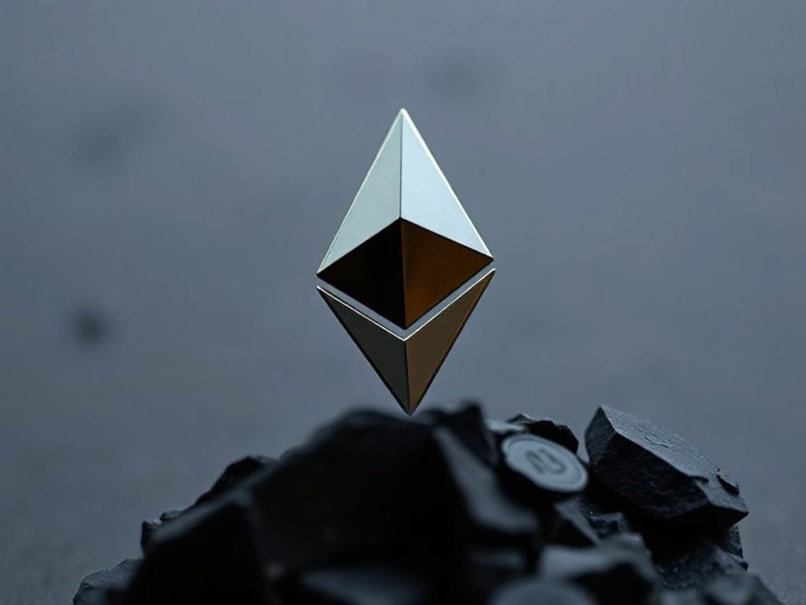 Un robot trader en costume trois-pièces chevauche un gigantesque jeton Ethereum qui fuse au-dessus des gratte-ciel de Wall Street, tandis que des banquiers abasourdis lancent leurs chapeaux en l’air.