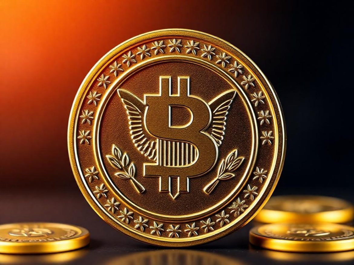 Une statue de la liberté robotisée tend un stablecoin lumineux vers le ciel, pendant qu’un inspecteur de la SEC en costume manga brandit un tampon “Innovation Exemption”.