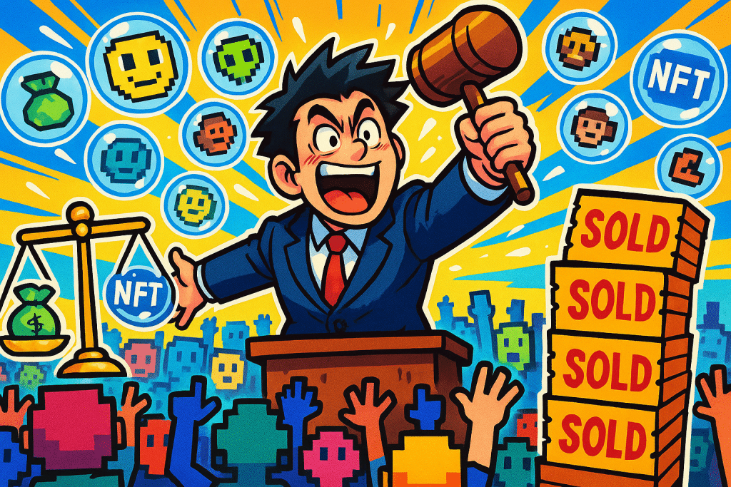 Un commissaire-priseur surexcité brandit un marteau devant une salle remplie de personnages en pixel-art, tandis que des NFT bon marché s’envolent sous forme de bulles numériques
