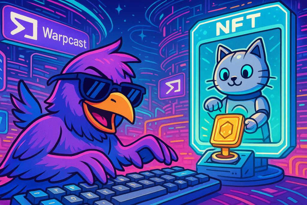 un oiseau violet à lunettes de soleil tape un tweet sur un clavier mécanique, tandis qu’un robot chat mint un NFT