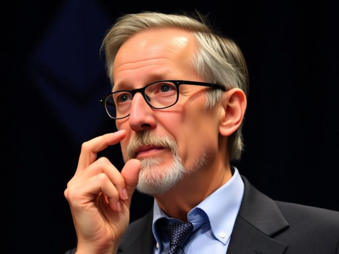 Peter Thiel en super-héros manga, costume bleu pétrole et cape rouge, brandissant un gigantesque logo Ethereum en or fondu devant une mine futuriste de crypto-serveurs scintillants.