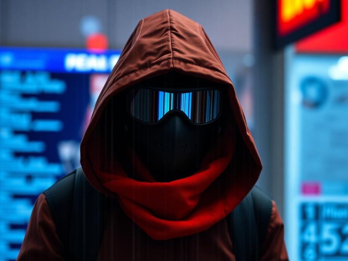 Un hacker masqué façon héros de manga, debout devant un écran géant affichant le logo PIX, lance des liasses de réals brésiliens et des pièces de Bitcoin dans un tourbillon numérique vert fluorescent