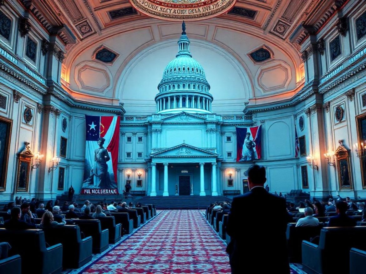 Une Marianne héroïque, drapée dans le drapeau américain, brandit une clé USB géante lumineuse sur les marches du Capitole, tandis que des pièces de Bitcoin tournoient comme des confettis autour d’elle.