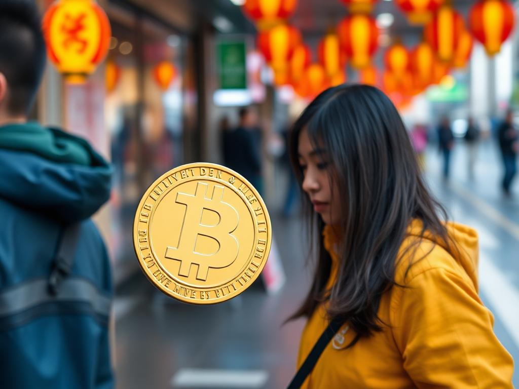 Dragon chinois façon manga tenant une pièce « stablecoin » gonflable qui se dégonfle, devant des investisseurs en costume éberlués