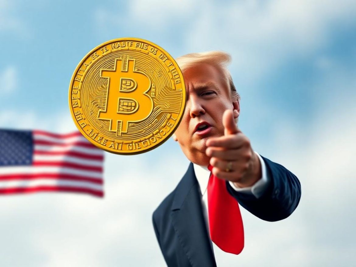 Un coffre-fort ouvert dans un Bureau Ovale stylisé, contenant un Bitcoin étincelant, des lingots d’or et des dossiers “401(k)”, ouvert par Donald Trump costumé en super-héros manga, tandis qu’un taureau bondit sur une flèche verte qui perce le plafond.