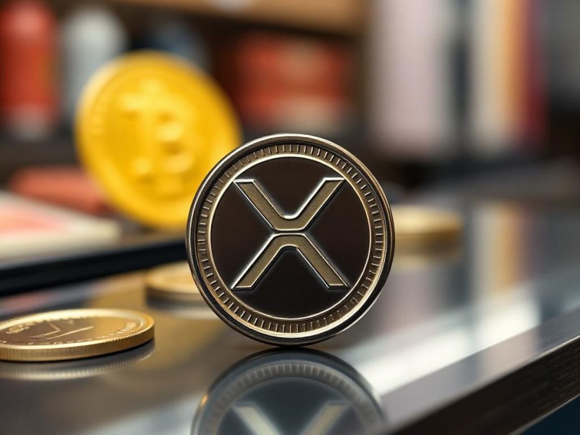 Un dauphin cybernétique portant le logo XRP jaillit d’un océan de liquidités formant le chiffre 3,84.