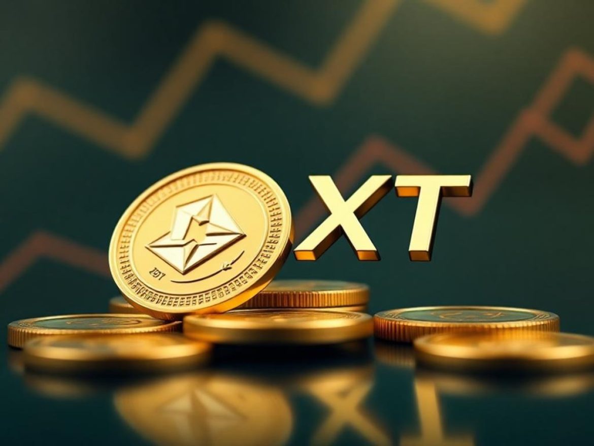 Un jeton DEXT façon super-héros de BD, surfant sur une vague verte de chandeliers haussiers, tandis que des traders style manga lèvent leurs téléphones comme des fans.