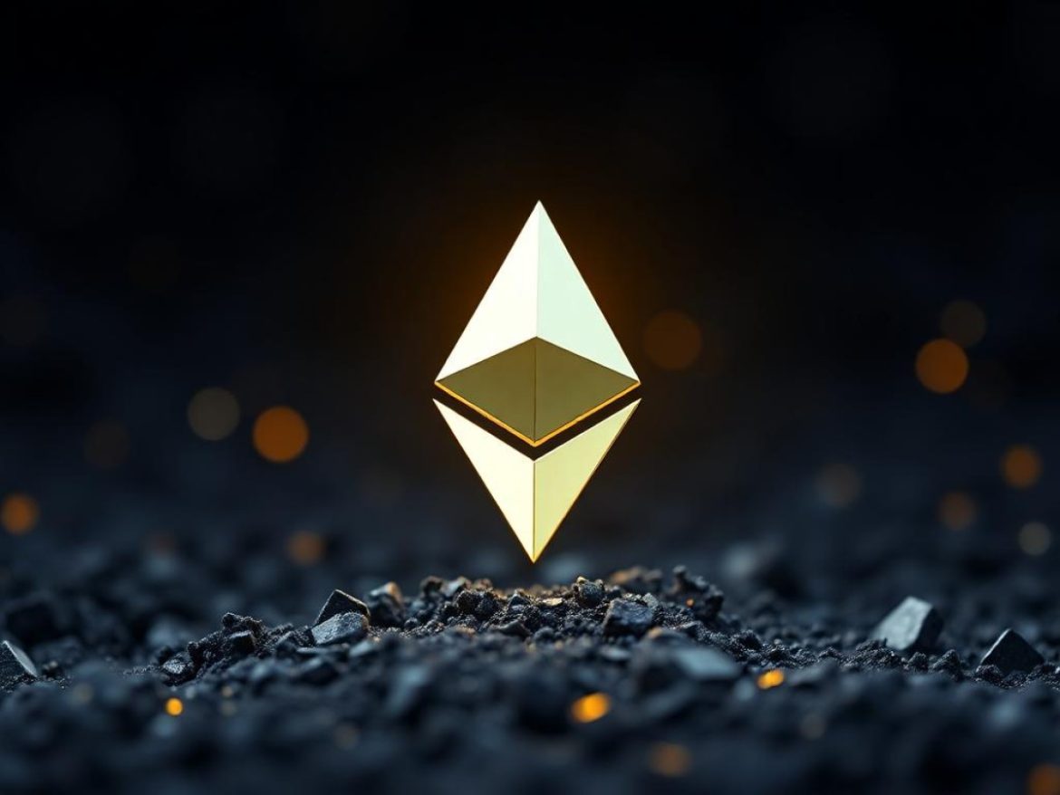 Un gâteau d’anniversaire en forme de logo Ethereum trône sur un bureau futuriste couvert de lignes de code. Vitalik Buterin version chibi souffle les 10 bougies ; un petit robot « blockchain » tient des ballons formant « 10 ».