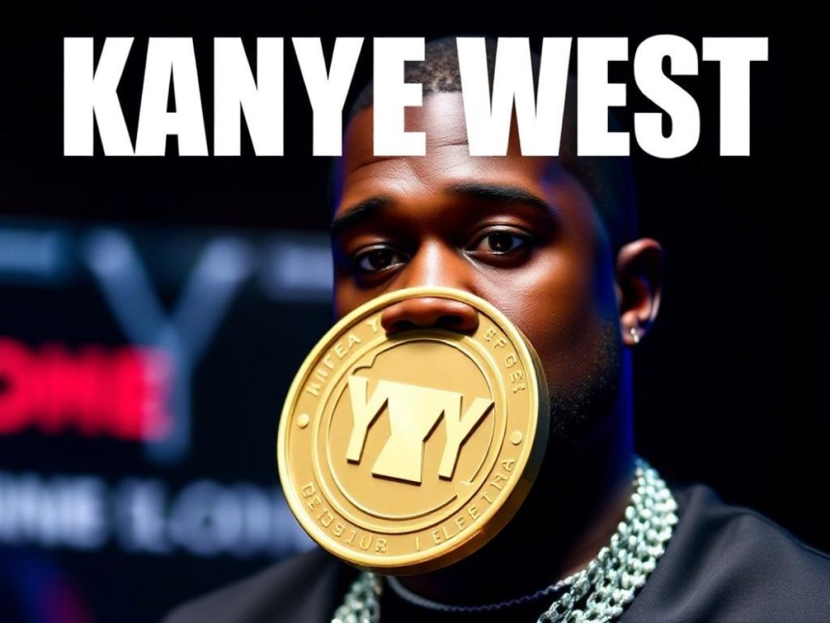 Une micro-fusée décolle d’un tas de pièces formant « YZY », avec un panneau « Solana », une carte « YZY MONEY » et un smartphone « BUY », graphiques crypto en arrière-plan.