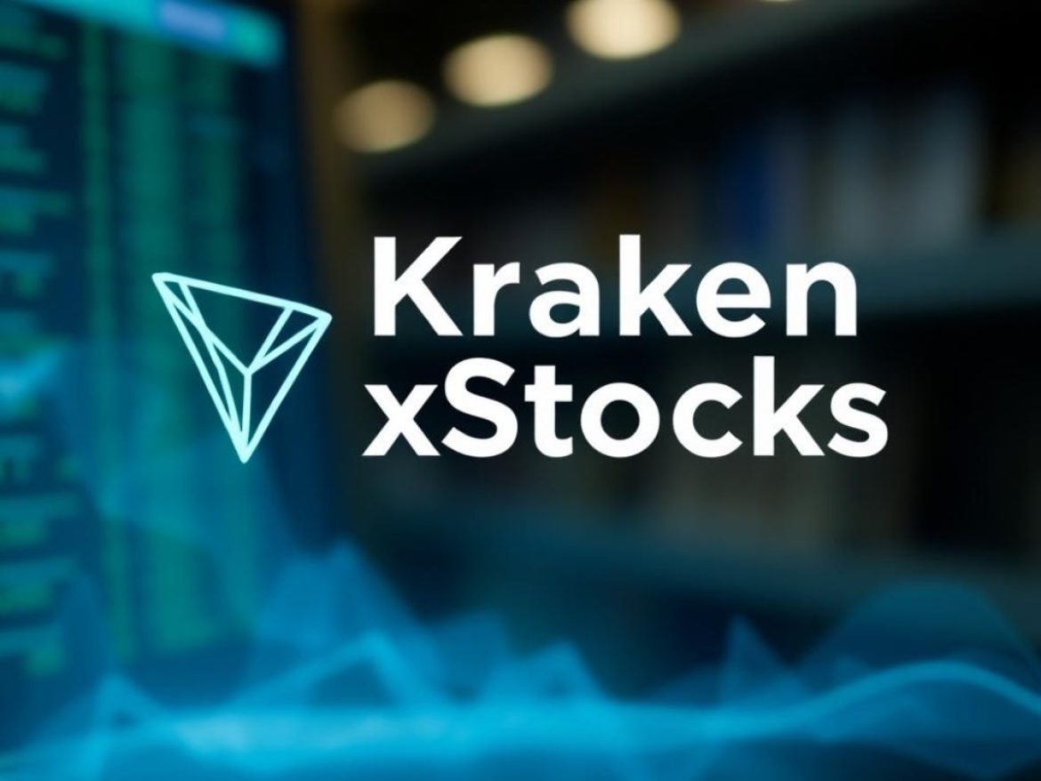 Salle des marchés futuriste posée sur un circuit imprimé Tron ; au centre, une balance pèse une action Apple et un jeton TRC-20 marqué « xStocks ».