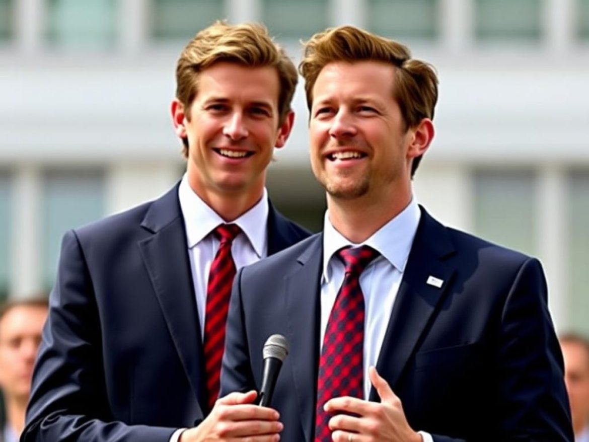 Dans un Capitole stylisé, deux jumeaux « W » catapultent une énorme pièce BTC dorée dans un lance-pierres « Digital Freedom Fund ».