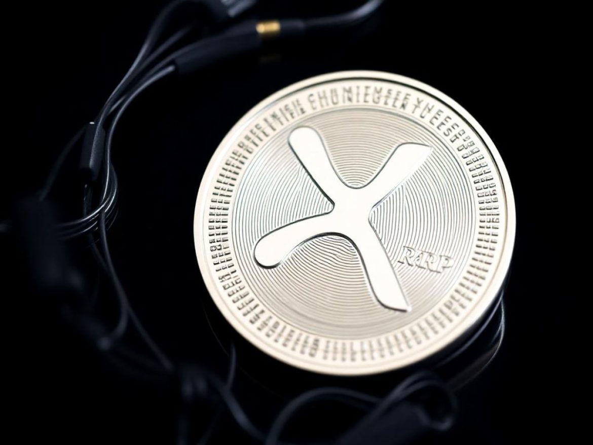 Sur une scène de marché nocturne façon cyber-Tokyo, une baleine géante en costume d’agent secret libère des coffres remplis de jetons XRP phosphorescents, tandis qu’un prix-ticker rouge plonge en arrière-plan.