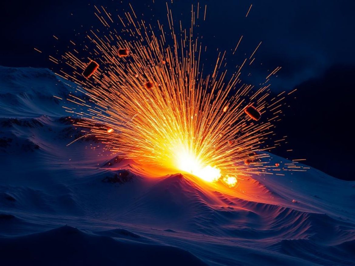 Une montagne-logo AVAX, deux luges “Treasury A” et “SPAC B” récoltant des pièces décotées, un yéti-trésorier poussant la neige vers elles, et des écrans NASDAQ affichant « Objectif : 1 Md$ » et le cours d’AVAX.