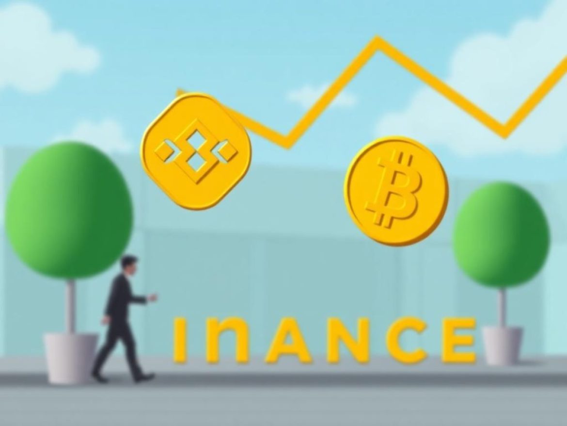 Illustration paysage d’un laptop affichant l’interface Binance scindée entre alerte de panne et reprise haussière, dans une salle serveurs au logo Binance lumineux et flux rouge-vers-vert.