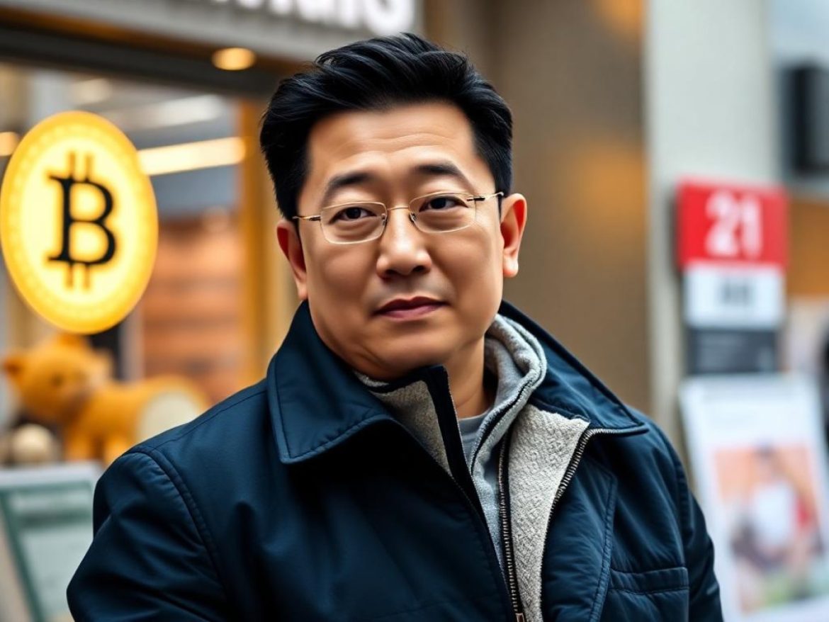 Illustration manga en paysage : CZ, sous un parapluie Binance, protège une tirelire Bitcoin tandis qu’une balance oppose RWA et T-Bills face à une vague-dragon de chandeliers, skyline de Hong Kong.