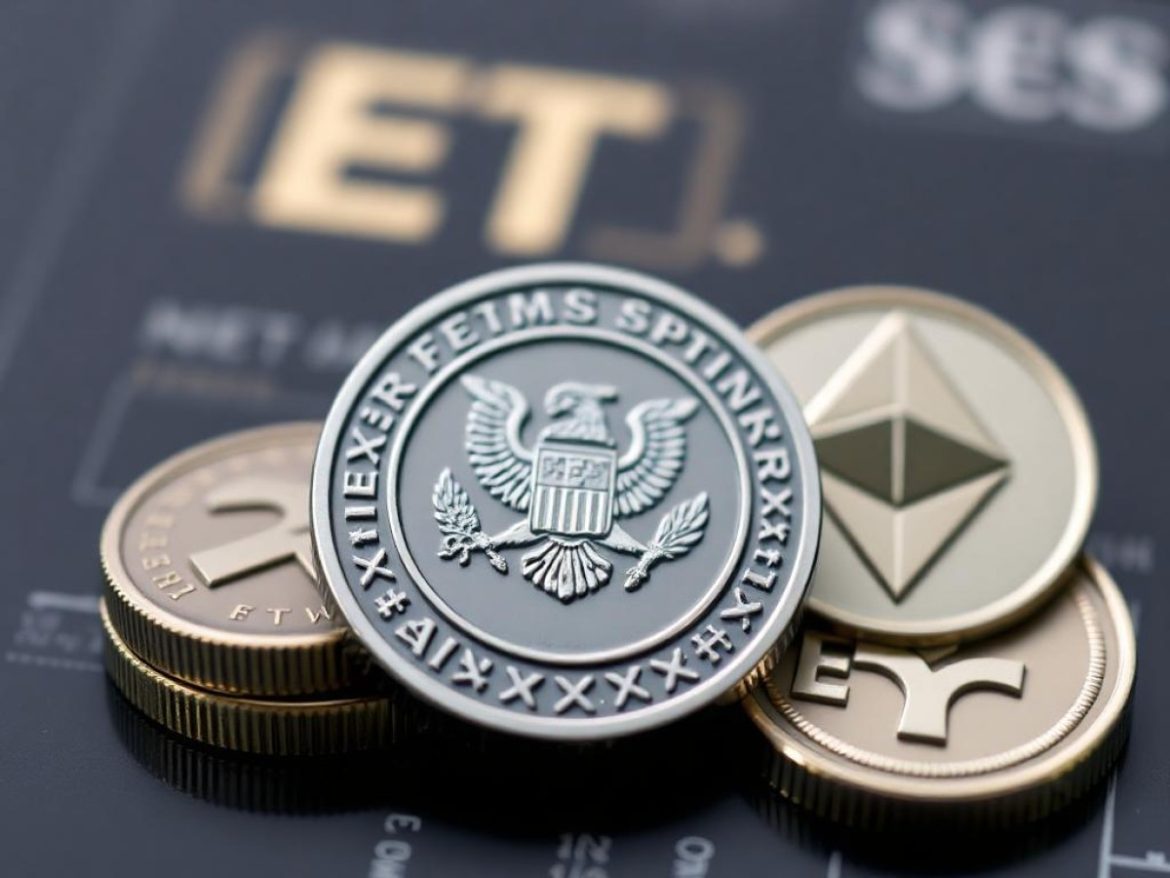 Des classeurs “ETF SOL/XRP/ETH” devant la SEC, un calendrier tamponné “Décision reportée” et la silhouette de Gary Gensler.