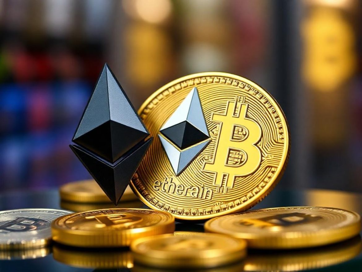 Un robinet géant “ETF ETH” déverse un flot lumineux de jetons Ethereum (logo ETH) vers un grand réservoir “Liquidité” qui se remplit, tandis qu’un second robinet “ETF BTC” coule faiblement.