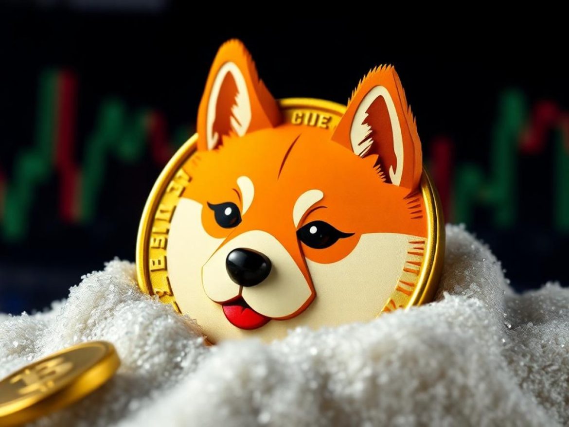 Un Shiba Inu en costume sonne la cloche du NYSE devant une grande pièce Ð et des tickers « DOGE ETF » scintillants, évoquant l’arrivée possible des ETF spot Dogecoin.