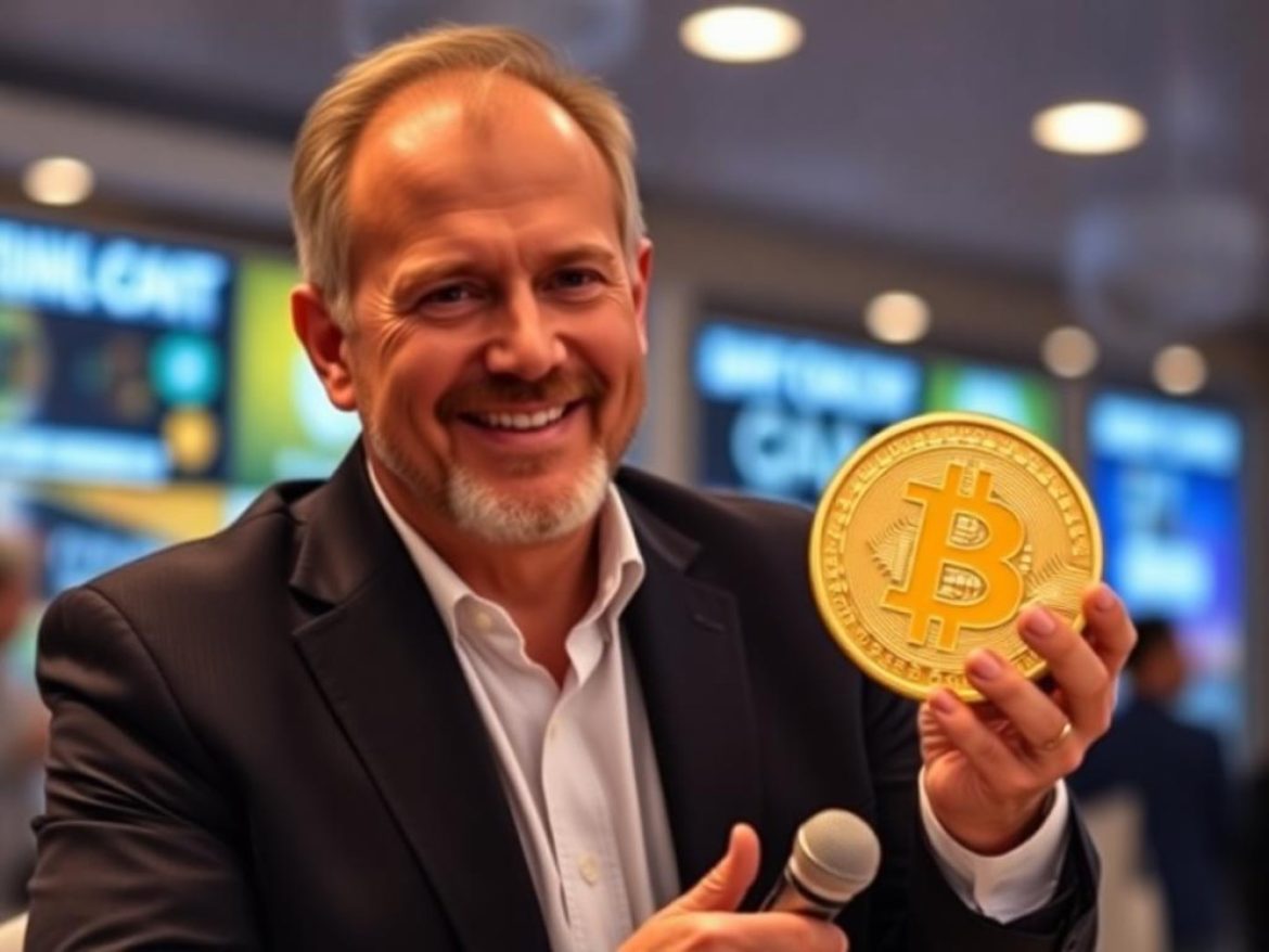 Michael Saylor, confortablement installé dans un bureau vitré, est « hissé » par une grue en chandeliers haussiers tandis que BTC affiche 110 000 $ et que des pièces ₿ s’empilent au premier plan.