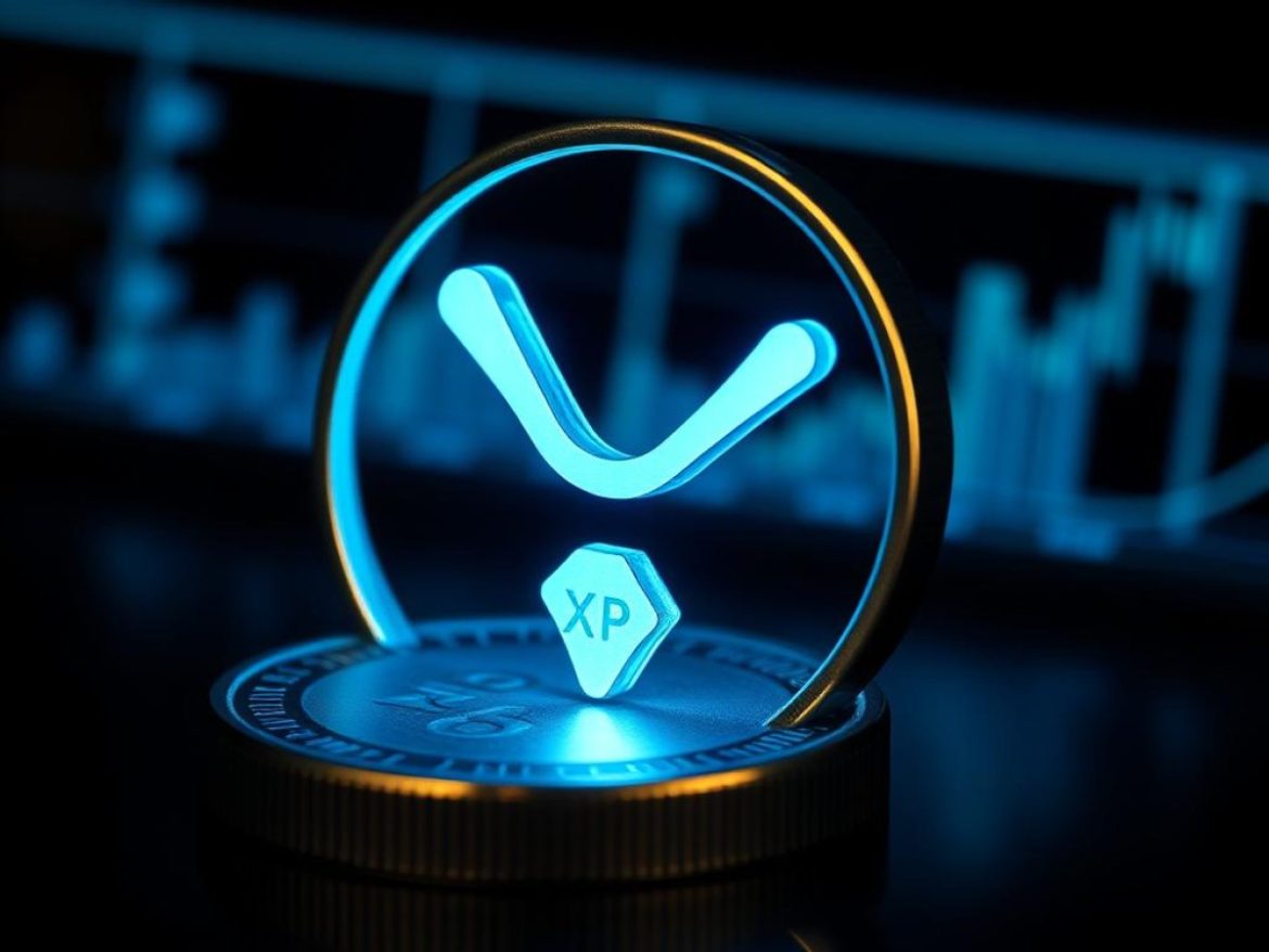 Illustration montrant une grosse pièce XRP fracassant un panneau triangulaire, tandis que des écrans affichent la cassure haussière du triangle dans une salle de marché moderne.