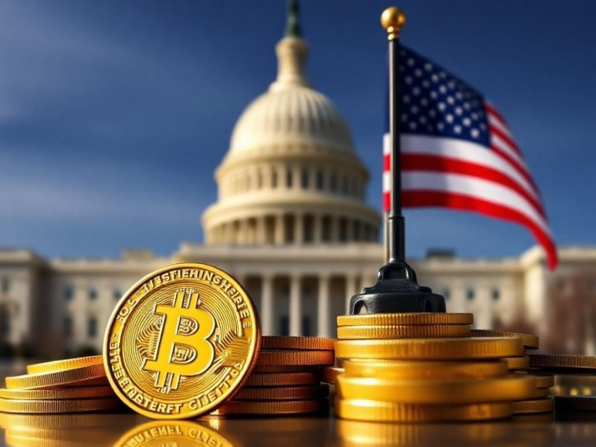 Dans la rotonde du Capitole, un interrupteur “Shutdown” plonge l’économie dans le noir tandis qu’un taureau Bitcoin et un ours bureaucrate s’affrontent devant des écrans crypto en surchauffe.