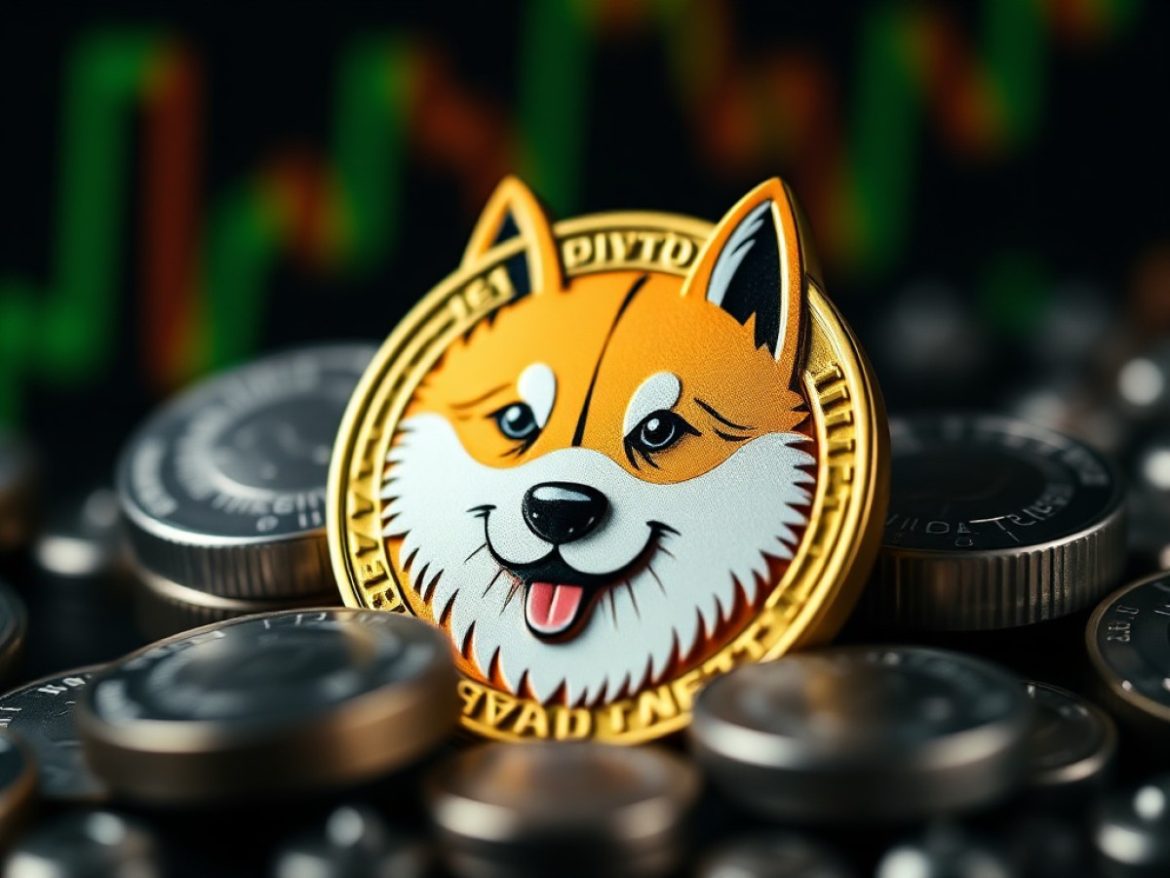 Un jeton Dogecoin brise “0,195 $” ; l’OI grimpe, des rubans “funding” tourbillonnent et des mâchoires “shorts” se referment, face à un trader au bouclier “Risk”.