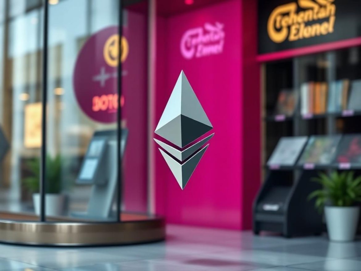 Une vitrine futuriste en tons bleu/violet montre un miroir en diamant Ethereum équilibrant “technique” et “perception”, pendant qu’un smartphone-wallet simplifié relie l’écosystème L2 à l’usage concret.