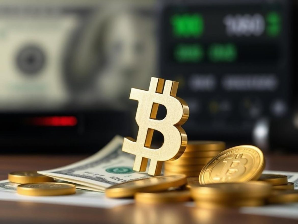 Salle de marché stylisée où une pièce Bitcoin “respire” tandis que des écrans montrent un dollar en repli, l’or élevé et un pétrole stable, avec une poignée de main USA-Chine en signe d’apaisement.