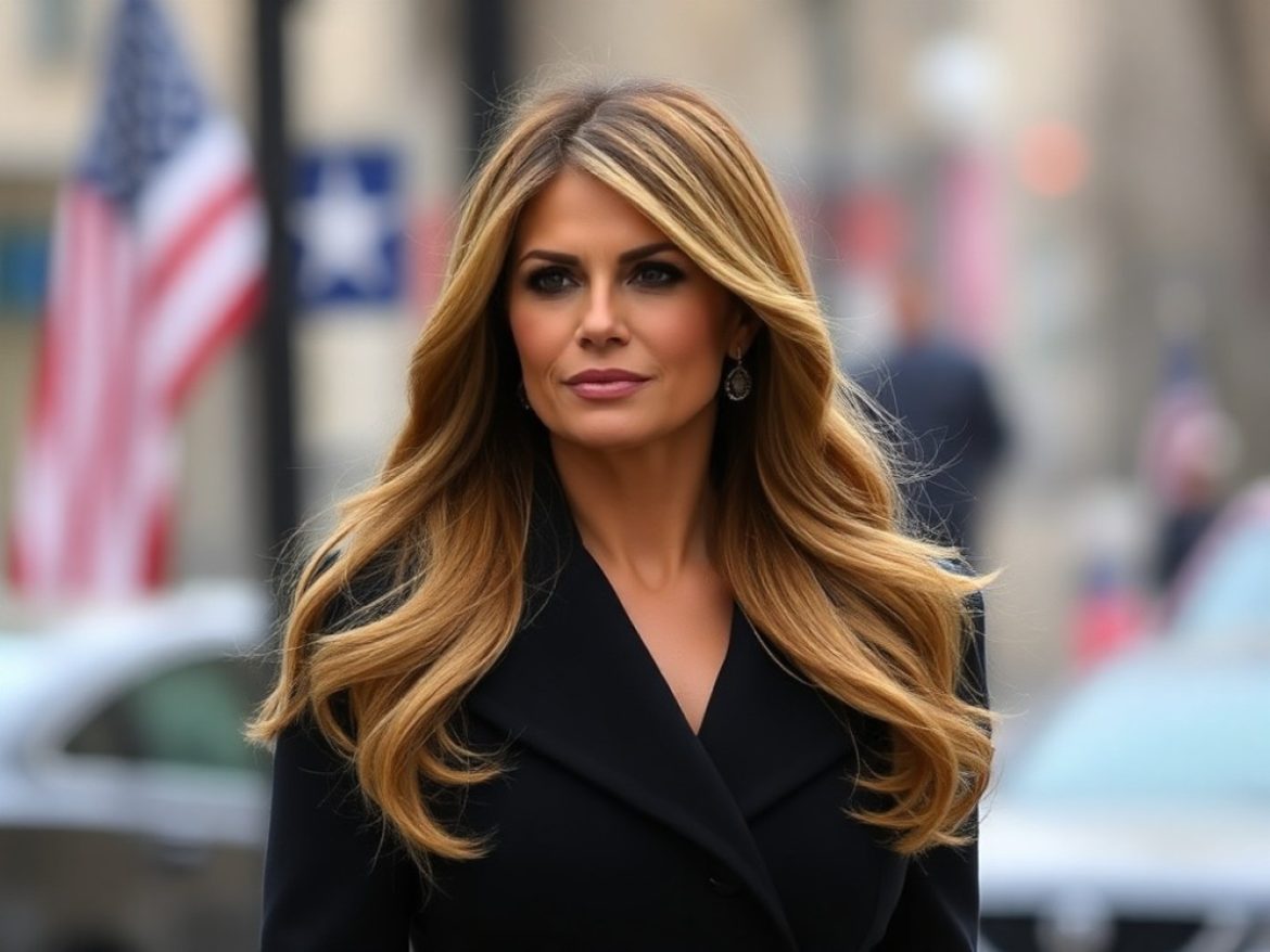 Dans une arène mi-tribunal mi-salle de marché, une silhouette évoquant Melania Trump brandit un bouclier « MELANIA » face à deux marionnettistes qui manipulent des bougies « pump → dump ».