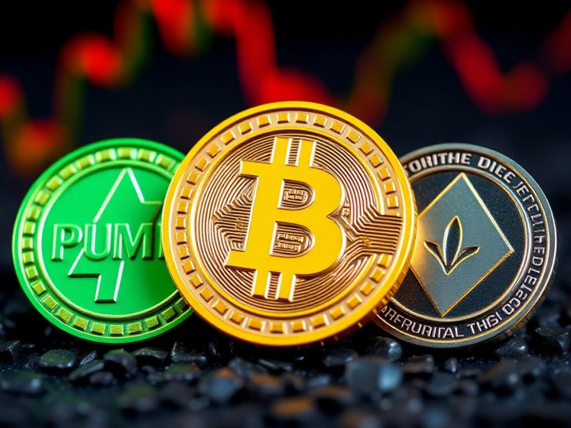 Une arène crypto futuriste met en scène PUMP, SPX6900 et PENGU sur des podiums néon, un pistolet “Uptober” tirant le départ sous un taureau lumineux et un tableau “24h Vol” en plein essor.