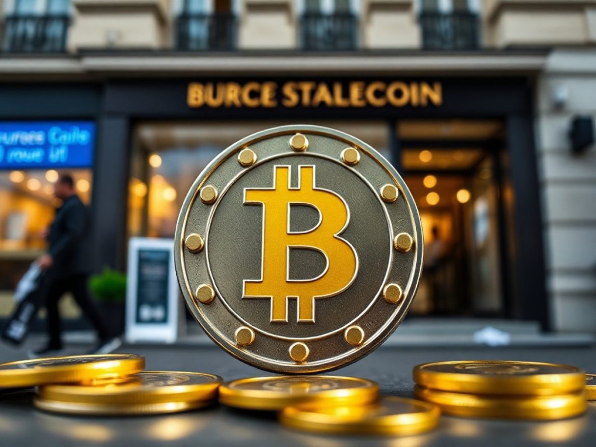 Bâtiment de la Banque centrale européenne entouré de stablecoins flottants.