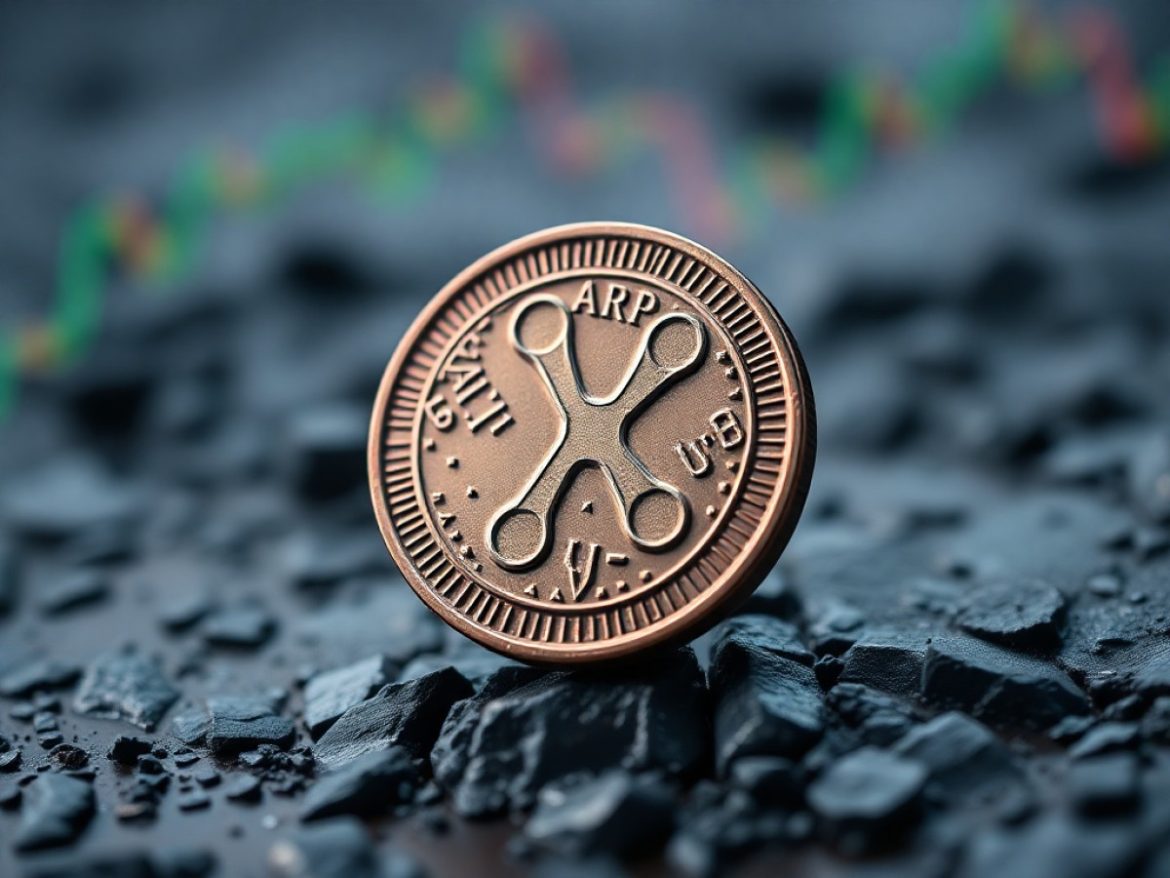 Un trader en costume observe, inquiet, un gigantesque jeton XRP devant des écrans de trading affichant « ETF » et des graphiques rouges en chute libre, dans une ambiance de salle des marchés en crise.