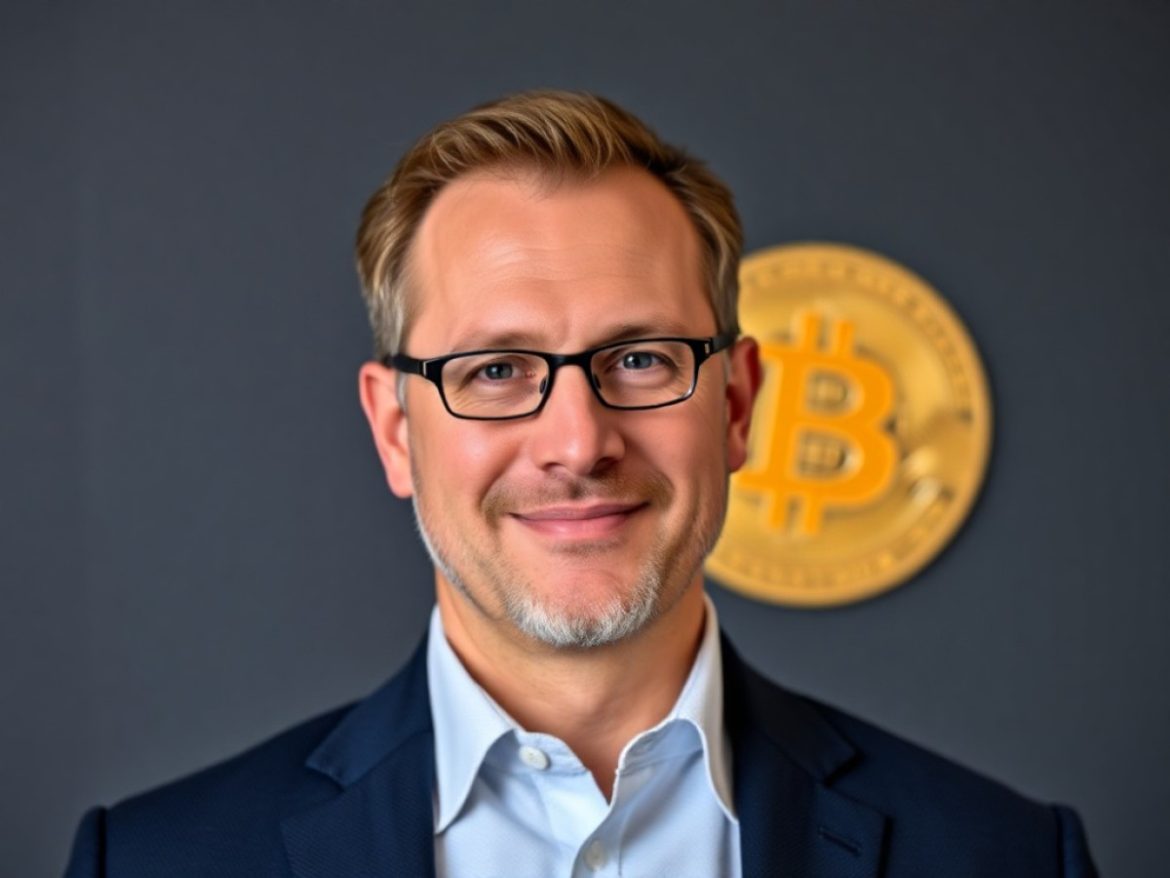 Illustration manga d’un homme souriant en costume bleu tenant une pièce Bitcoin dorée, avec un fond futuriste bleu-violet et le logo TBSO éclatant en néon derrière lui.