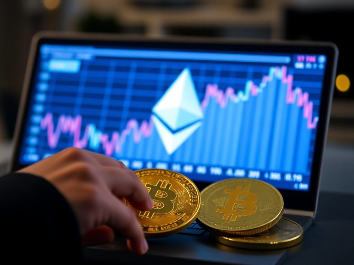 Dans une salle de marchés, un trader très concentré guette les signaux sur un écran montrant le ratio ETH/BTC.