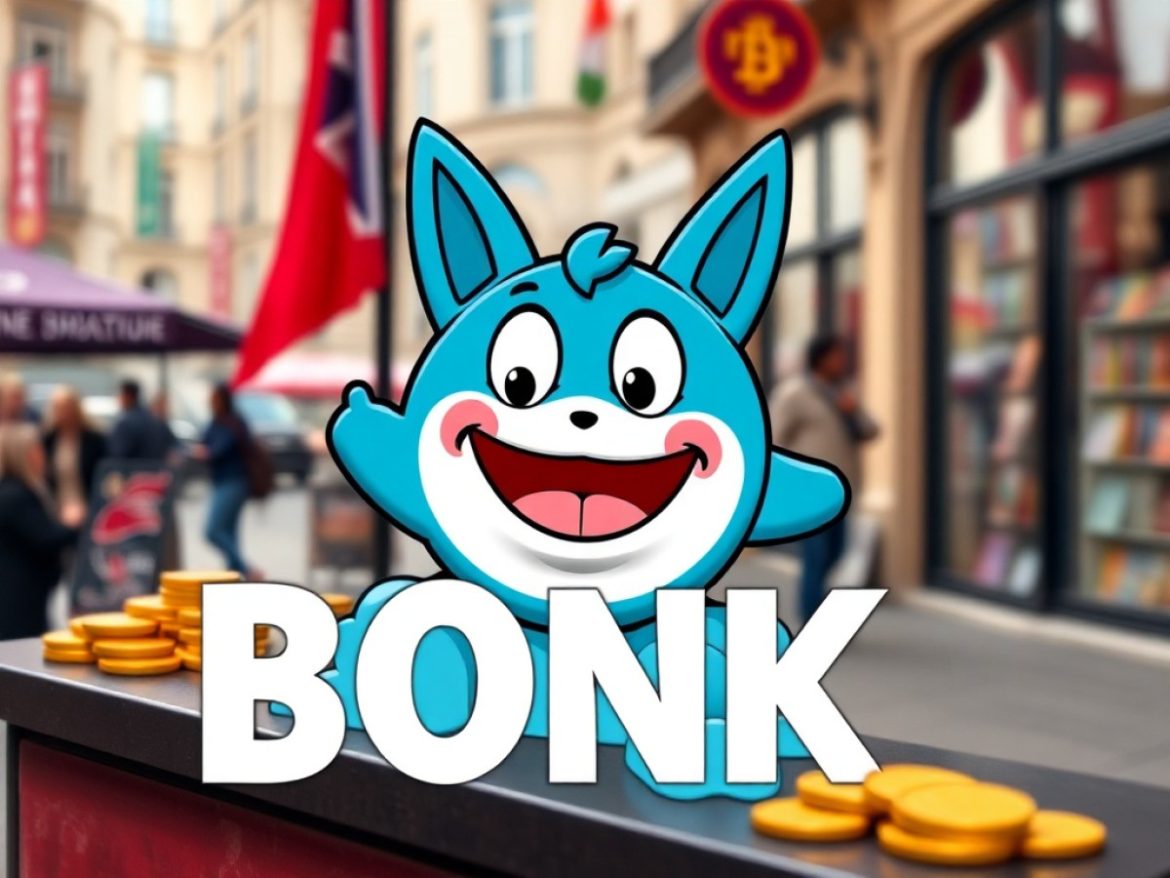 Un chien-mascotte BONK affolé glisse le long d’une courbe rouge qui casse un support, tandis que des fusées PEPE et dogwifhat s’envolent au-dessus d’un mini data-center Pepenode « mine-to-earn ».