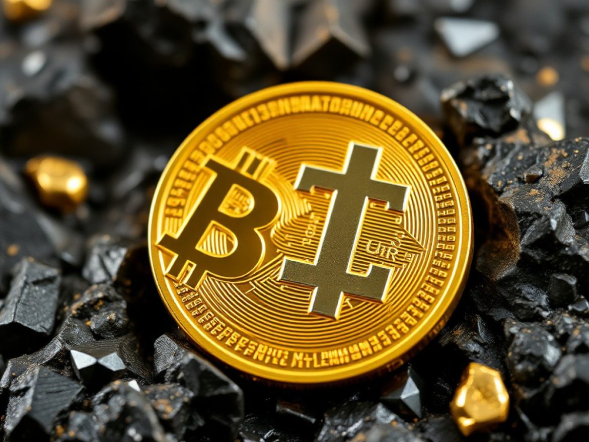 Dans une salle de marché, des traders se tiennent devant une montagne de lingots sur laquelle trône une pièce USDT géante.