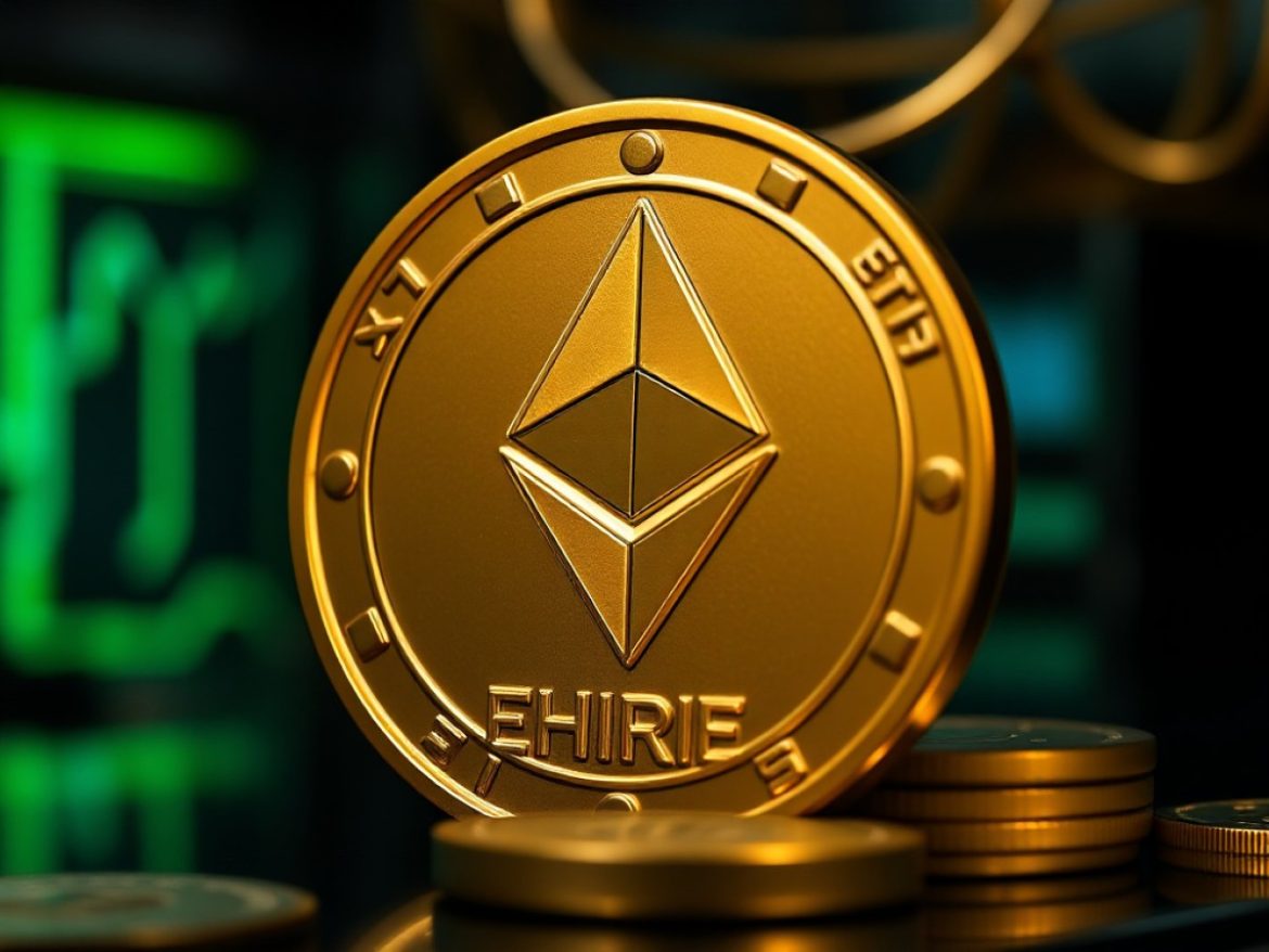 Dans une salle de marché crypto futuriste, Tom Lee observe sereinement un mur d’écrans affichant la volatilité d’Ethereum et un immense logo ETH lumineux dominant la scène.