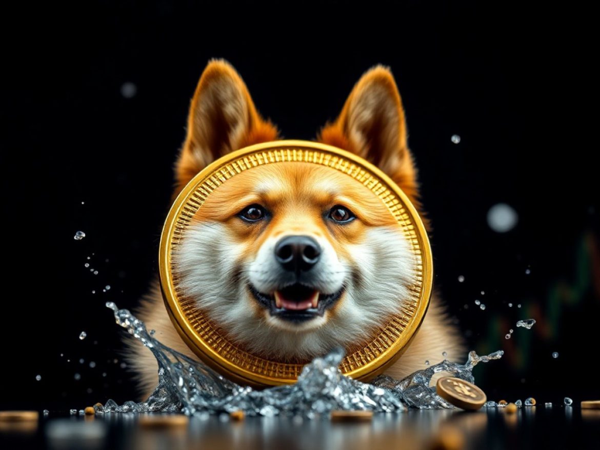 Un shiba en costume, tenant un drapeau Dogecoin dans une salle de trading en fête, se tient sur un sol fissuré tandis que des silhouettes d’institutionnels manipulent les traders et qu’un écran affiche discrètement MAXIDOGE.