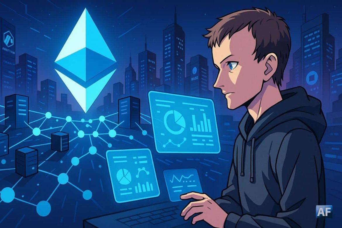 Vitalik Buterin, dessiné en style manga, observe des écrans holographiques remplis de données tandis qu’un gigantesque logo Ethereum illumine une ville futuriste représentant les principaux rollups L2.
