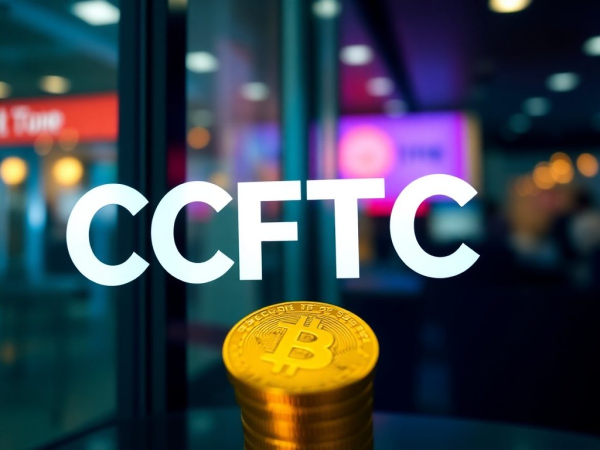 Une régulatrice de la CFTC, debout à un pupitre devant des écrans de trading affichant Bitcoin et Ethereum, annonce l’ouverture de marchés spot crypto régulés.