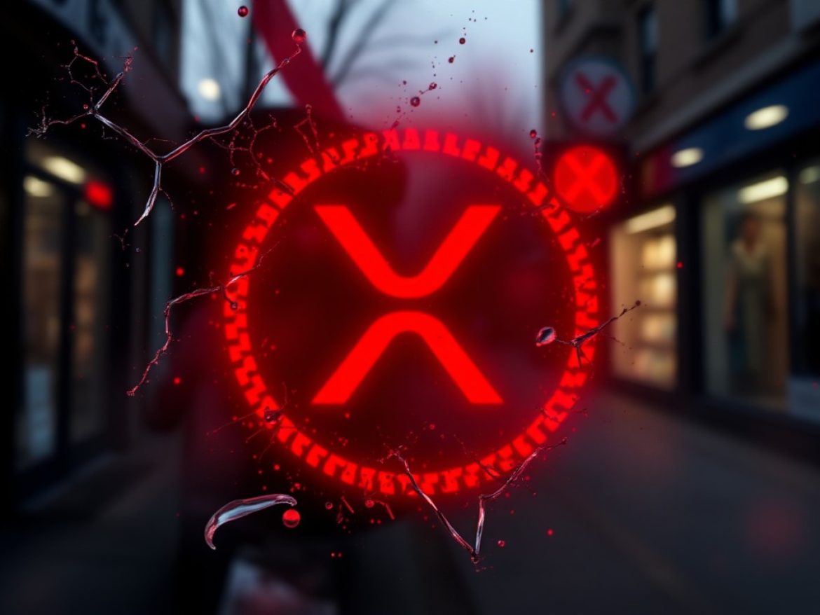 Illustration manga d’une chute du prix XRP montrant une pièce XRP dorée et un personnage inquiet, avec un arrière-plan financier en déclin et des couleurs bleues et violettes.