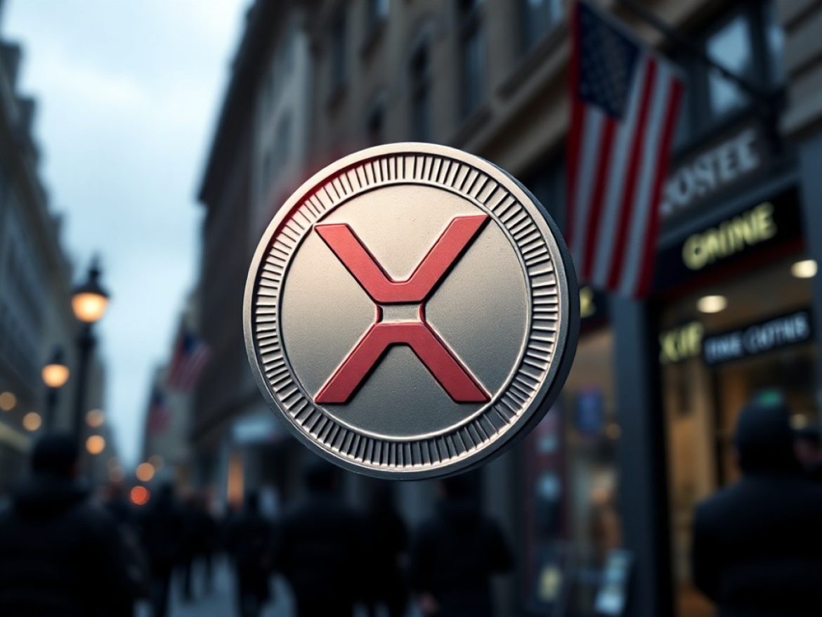 Un trader de dos observe, dans une salle de marché futuriste, un écran géant affichant une pièce XRP dorée, des graphiques haussiers et les logos Franklin Templeton, Grayscale et NYSE Arca.