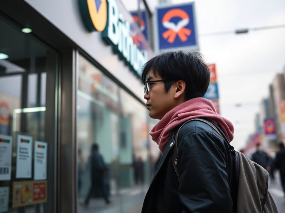 Un agent régulateur nord-coréen passe devant un stand USDT en train de fermer.